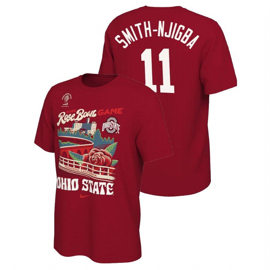 Ohio State Buckeyes Men's NCAA Jaxon Smith-Njigba #11 Scarlet 2022 Rose Bowl Locker Room College Football T-Shirt NDX7249SV